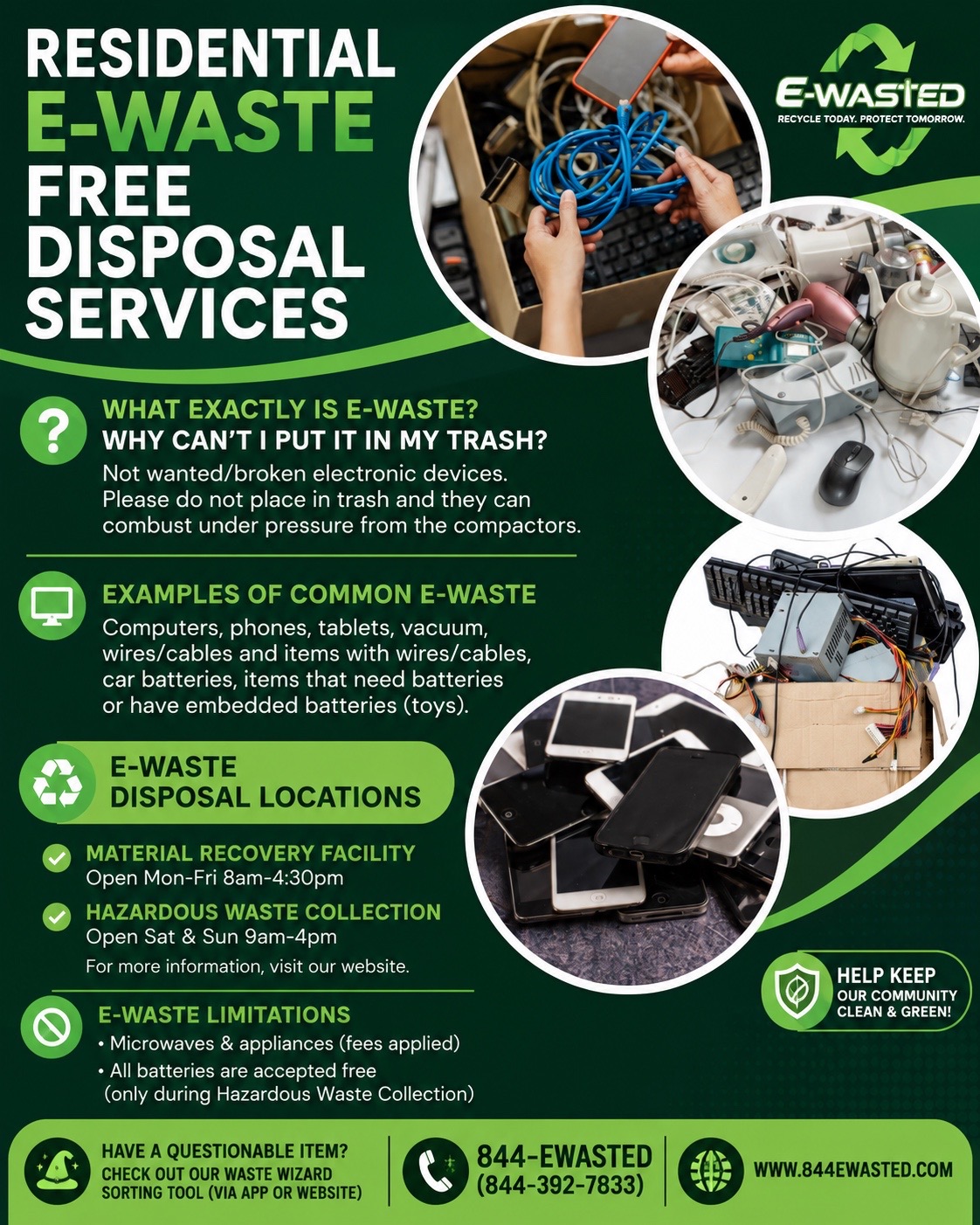 E-Wasted residential e-waste free disposal services flyer with phone number 844-EWASTED